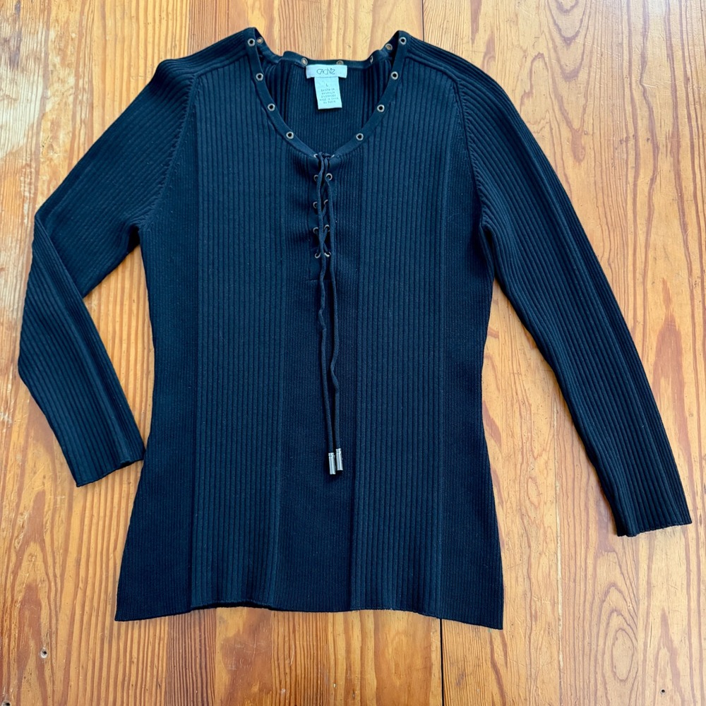 Cache Black Ribbed Lace Up Grommet Long Sleeve Knit Top Womens Large Y2K